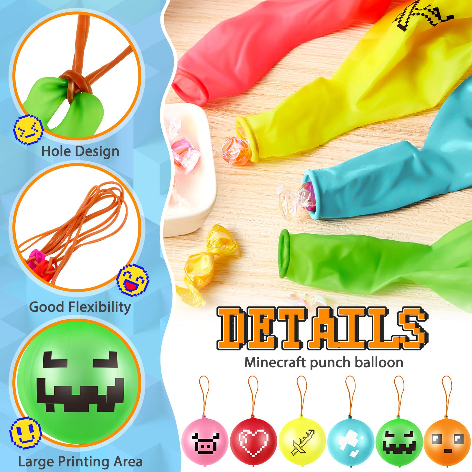 30 Pcs Pixelated Punch Balloons Colorful Latex Punch Ball Miner Video Game Party Favors Bounce Balloons with Rubber Band Handle for Birthday Party