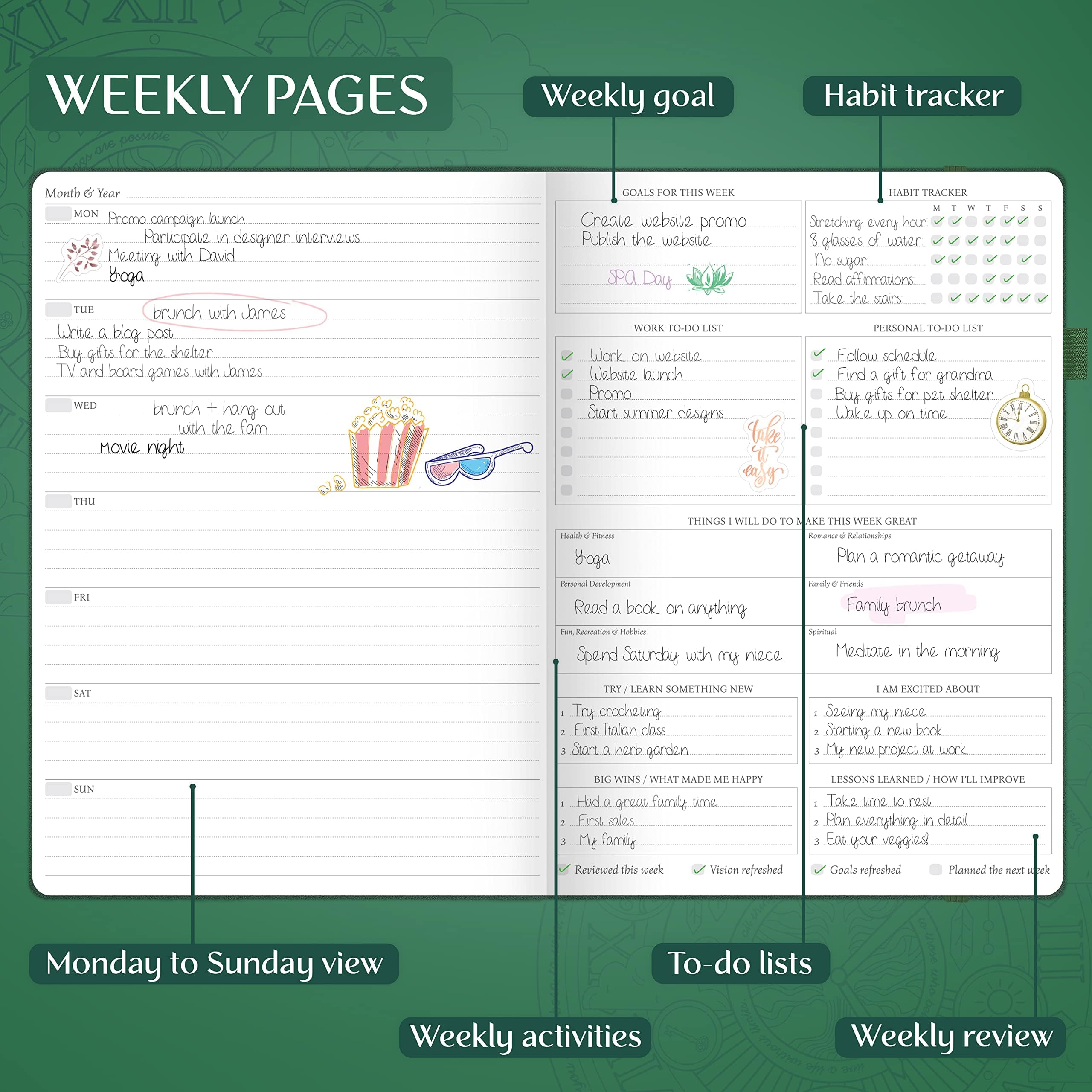 Legend Planner PRO Premium – Large Undated Weekly, Monthly & Budget Planner with Habit Tracker – Life Organizer for Time & Task Management, Goal Setting & Productivity – A4 size (Forest Green)