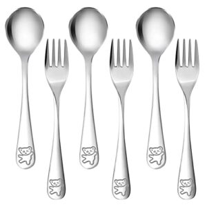 pandaear 6 piece kids silverware cutlery flatware set |toddler baby child stainless metal utensils baby metal 3 spoons 3 forks (410 stainless steel)