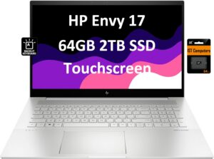 hp envy 17t 17.3" fhd touchscreen business laptop (intel 12-core i7-1260p, 64gb ram, 2tb pcie ssd) thunderbolt 4, backlit keyboard, webcam, wi-fi 6e, bluetooth, ist sd card, win 11 pro, 2024, silver