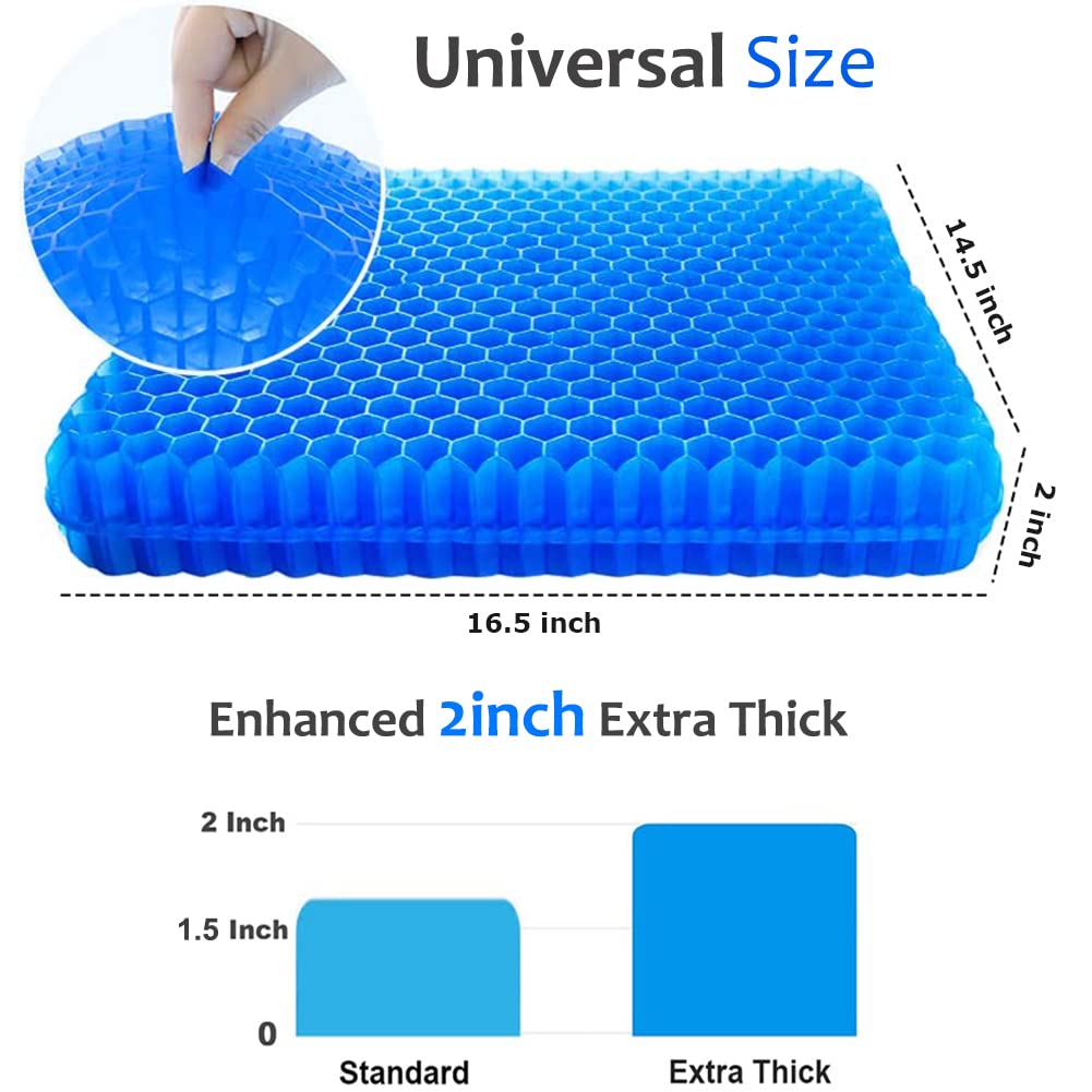 Gel Seat Cushion for Long Sitting, Extra Thick Gel Cushion for Wheelchair Soft Chair Pads Cushion for Office Home Chairs Car Seats Long Trips - Back Sciatica Hip Tailbone Pain Relief Cushion (Blue)