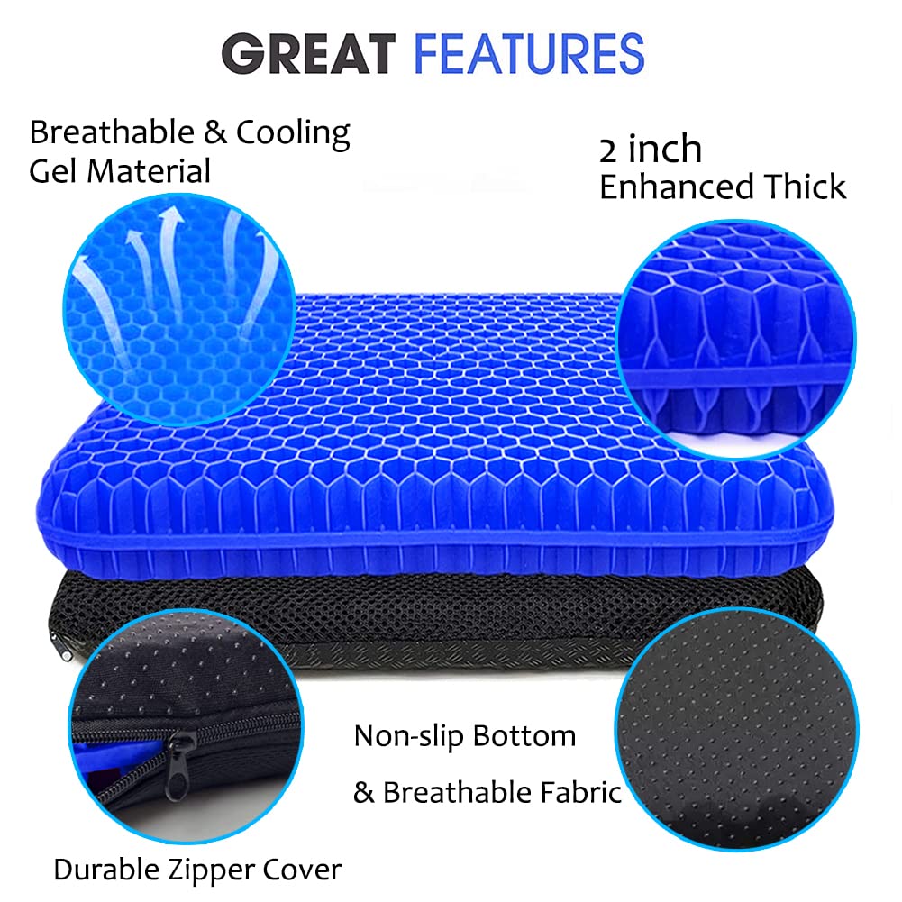 Gel Seat Cushion for Long Sitting, Extra Thick Gel Cushion for Wheelchair Soft Chair Pads Cushion for Office Home Chairs Car Seats Long Trips - Back Sciatica Hip Tailbone Pain Relief Cushion (Blue)