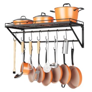 oropy 31 inch wall mounted pot rack storage shelf with 2 tier hanging rails 14 s hooks included, ideal for pans, utensils, cookware - black