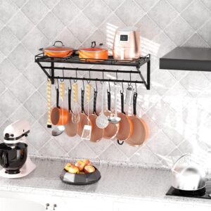 OROPY 31 Inch Wall Mounted Pot Rack Storage Shelf with 2 Tier Hanging Rails 14 S Hooks included, Ideal for Pans, Utensils, Cookware - Black