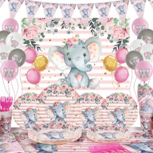 elephant baby shower decorations for girl, elephant theme tablecloths, balloons, backdrop, banner, plates, napkins, paper cups, forks for birthday party decorations| pink grey white