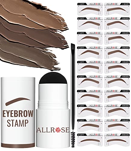 ALLROSE Eyebrow Stamp Stencil Kit - Eye Brow Stamping Kit, One Step Brow Stamp Kit, 20 Brow Stencils and Stamp Kit, Waterproof Perfect Eyebrow Kit, Easy to Use, Light Brown