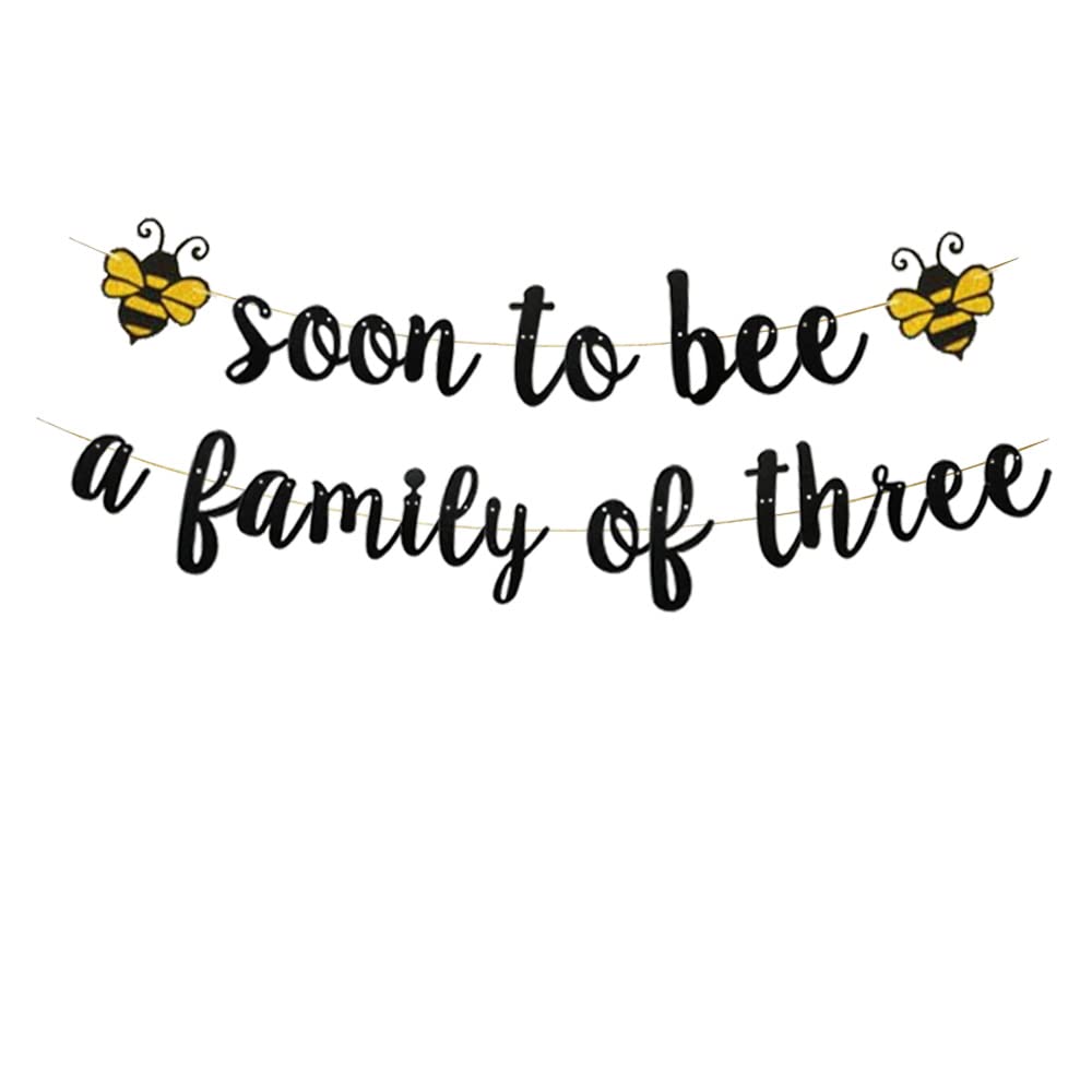 KUNGOON Soon To Bee a Family of three Banner, Welcome Baby Party Banner,Bumble Bee Theme Baby Shower/Mommy to Bee/Daddy to Bee Party Supplies Decoration(Black).