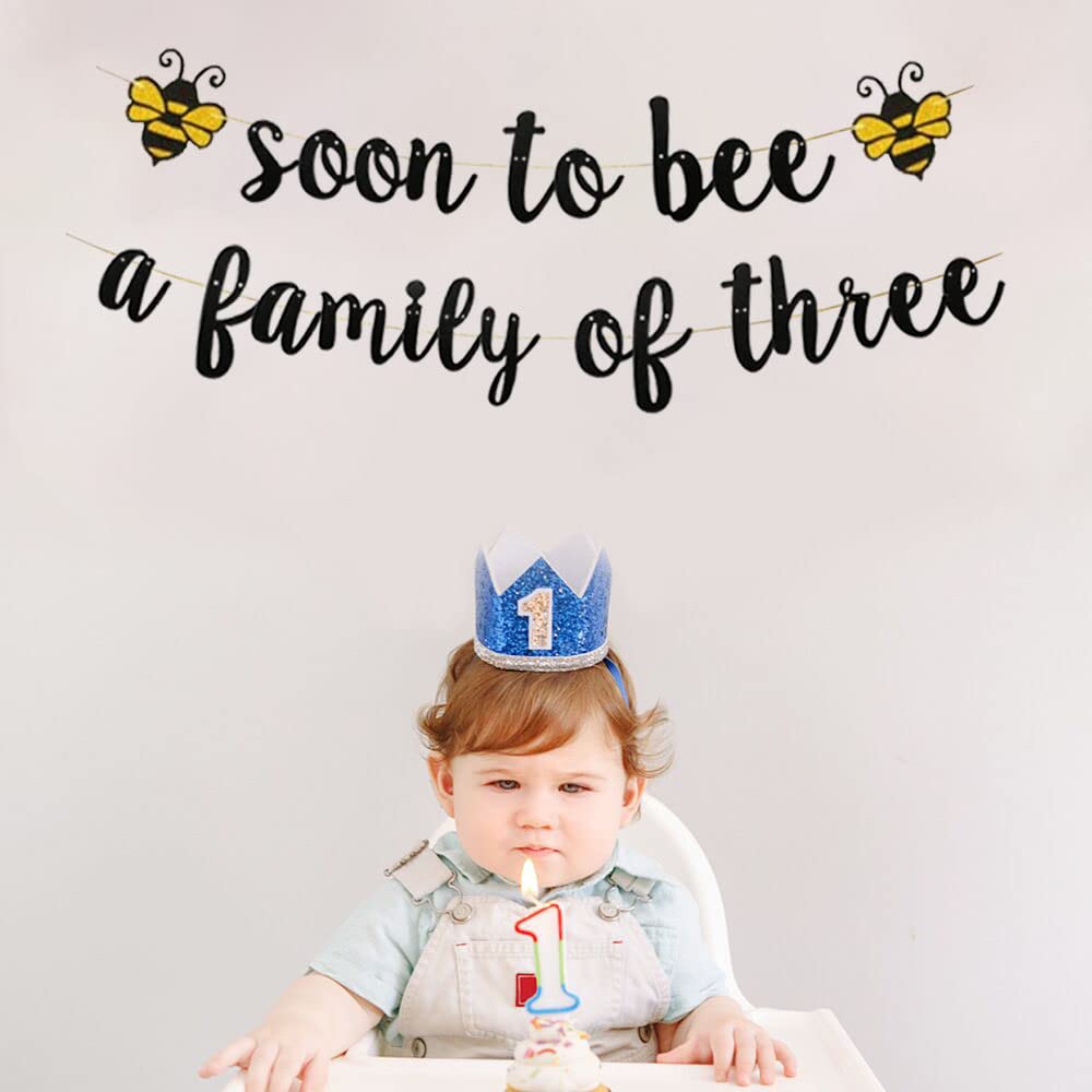 KUNGOON Soon To Bee a Family of three Banner, Welcome Baby Party Banner,Bumble Bee Theme Baby Shower/Mommy to Bee/Daddy to Bee Party Supplies Decoration(Black).
