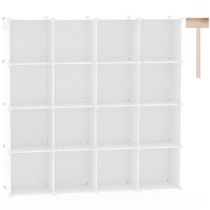 c&ahome cube storage organizer, 16-cube shelves units, closet cabinet, diy plastic modular book shelf, ideal for bedroom, living room, office, 48.4" l x 12.4" w x 48.4" h milky upcs16m