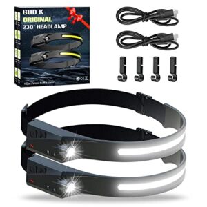 rechargeable headlamp 2pack, 230°wide beam headlamp for adults, led headlamp with clips-camping gear, 6 modes, motion sensor, head lamp flashlight for cycling, running, fishing, camping