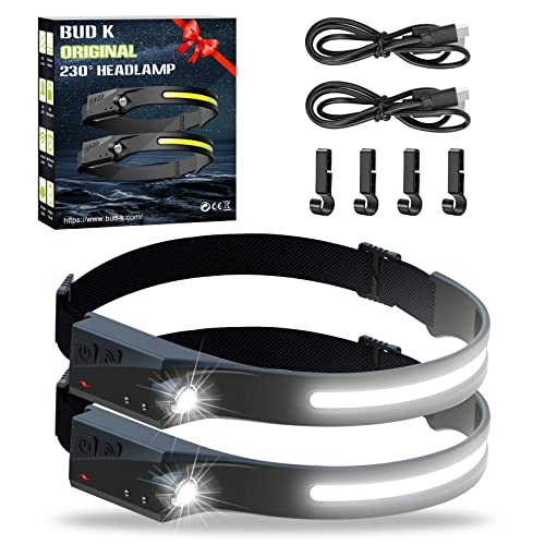 Rechargeable Headlamp 2Pack, 230°Wide Beam Headlamp for Adults, LED Headlamp with Clips-Camping Gear, 6 Modes, Motion Sensor, Head Lamp Flashlight for Cycling, Running, Fishing, Camping