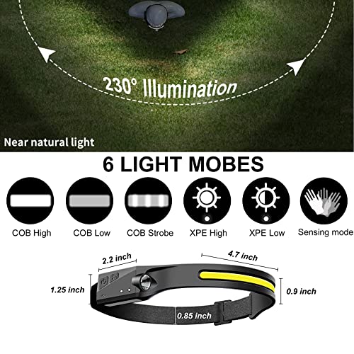 Rechargeable Headlamp 2Pack, 230°Wide Beam Headlamp for Adults, LED Headlamp with Clips-Camping Gear, 6 Modes, Motion Sensor, Head Lamp Flashlight for Cycling, Running, Fishing, Camping