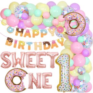 sweet one donut birthday party decorations for girls donut 1st birthday pink macaron pastel balloon garland arch kit for doughnut 1st birthday party decor with happy birthday banner