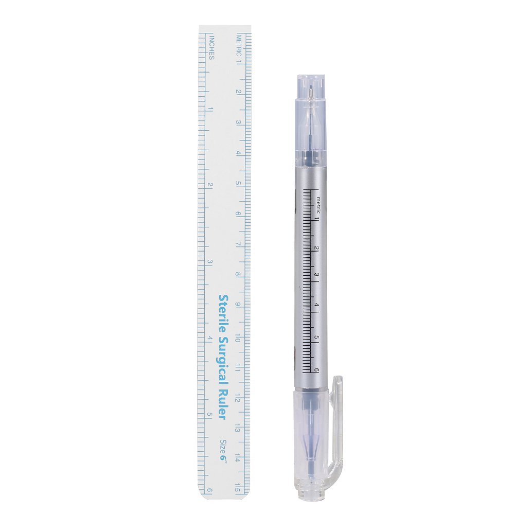 Surgical Tattoo Marker Sterile Disposable Marker With Ruler Piercing Tattoo Surgical Pen(Double pen in silver)