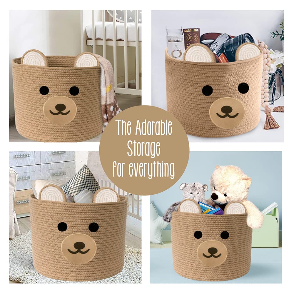 Baby laundry basket - Toy storage bear basket for kids - Nursery baby hamper with handles 15''(W) X 13''(H) (Light Brown)