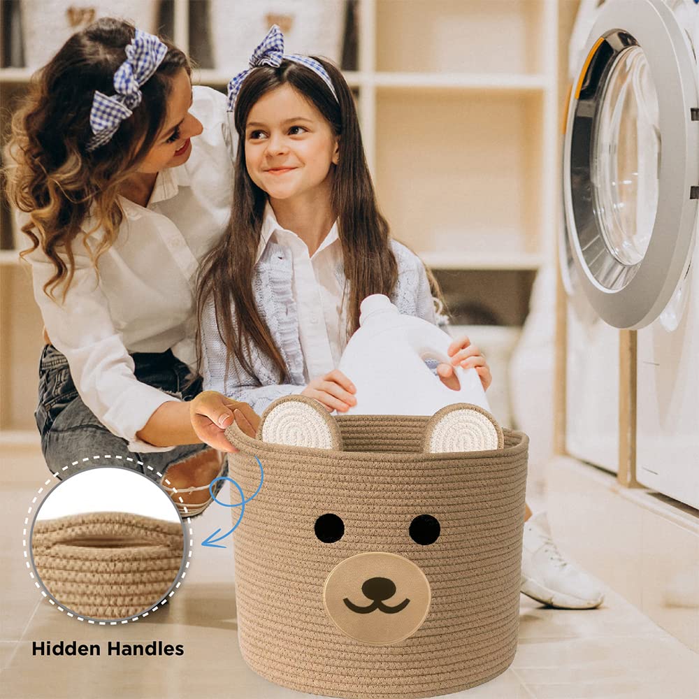 Baby laundry basket - Toy storage bear basket for kids - Nursery baby hamper with handles 15''(W) X 13''(H) (Light Brown)