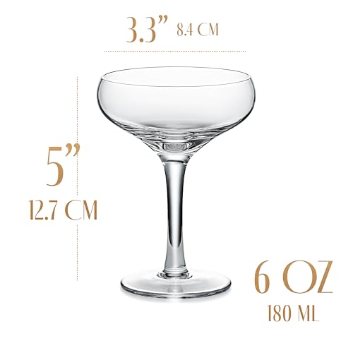 GLASSIQUE CADEAU French Small Vintage Champagne Coupe Glasses | Set of 4 | 6 oz Crystal Classic Cocktail Glassware - Martini, Sidecar, Daiquiri | Retro Saucers for Bar Drinks