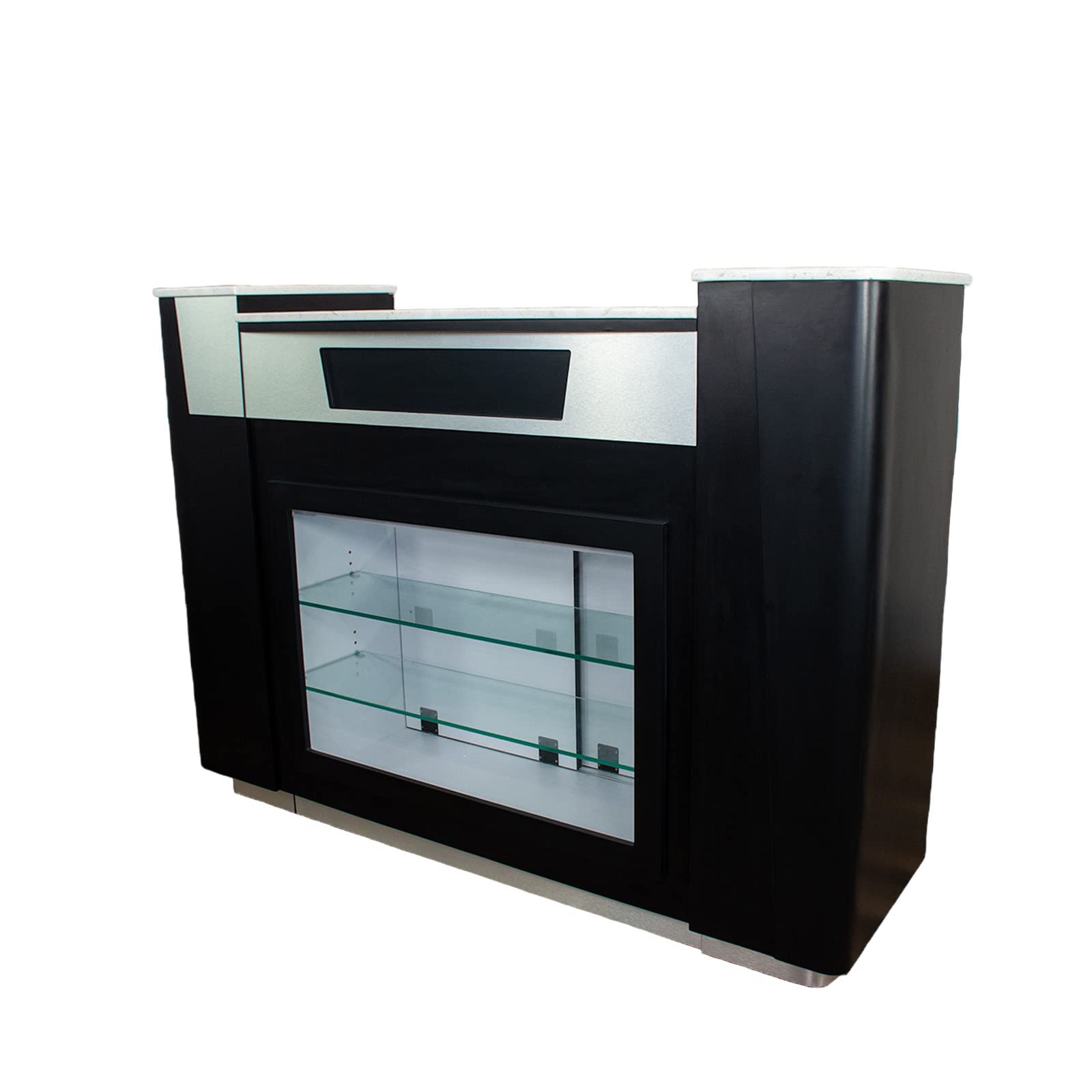 MAYAKOBA Sonoma II Reception Desk with Glass Display Adjustable Shelves, Side Cabinets, Office Restaurant Beauty Salon Furniture, Luxe Black/Silver Accents