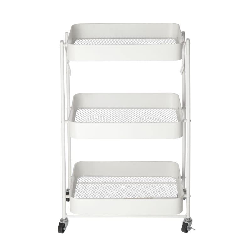 Urban Lifestyle 3 Tier Foldable Metal Rolling Storage Utility Cart, No Tools Assembly, White