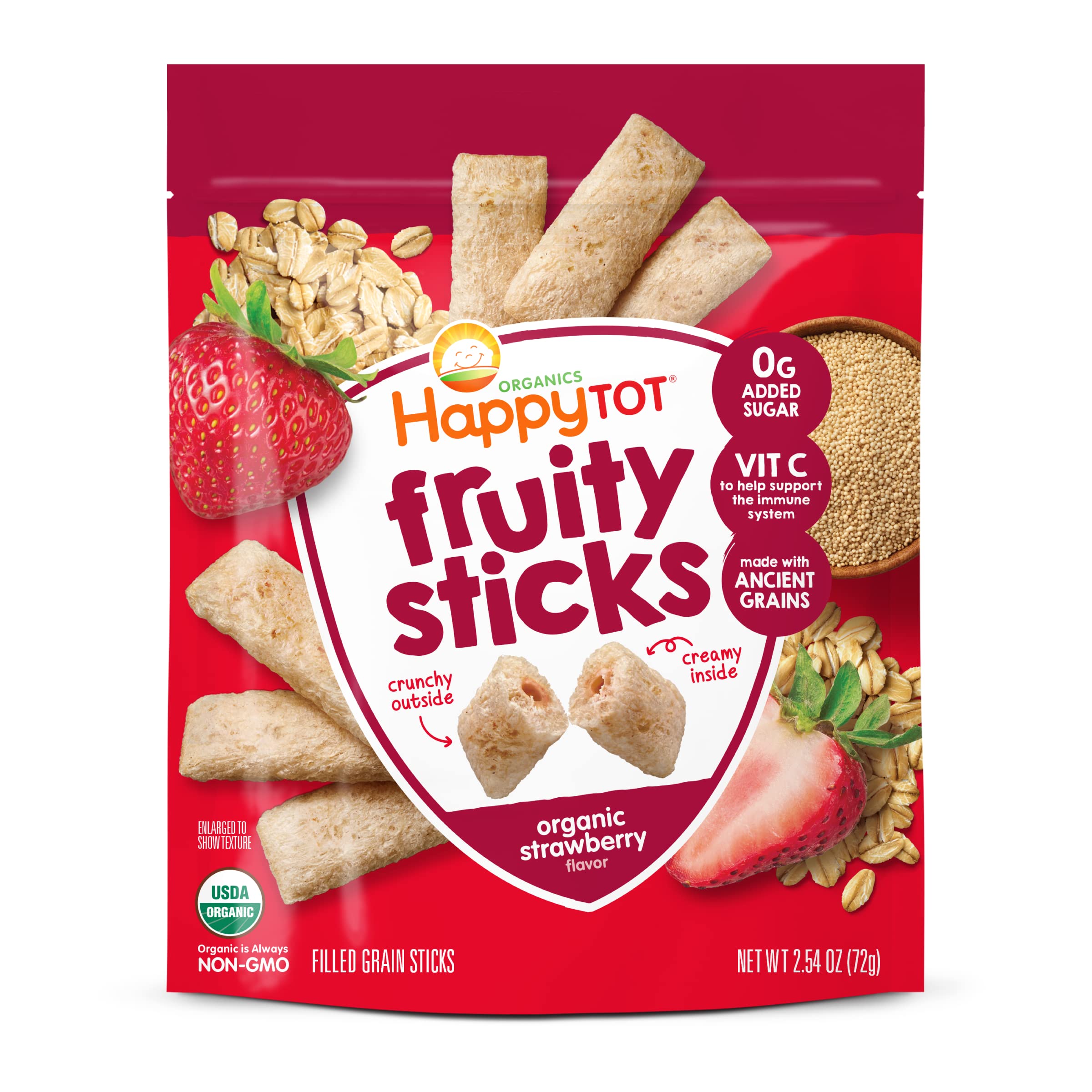 HAPPYTOT Organics Fruity Sticks, Oat & Fruit Filled Grain Sticks, Strawberry, Organic Toddler Snack, 2.5 Ounce Bag (Pack of 6)