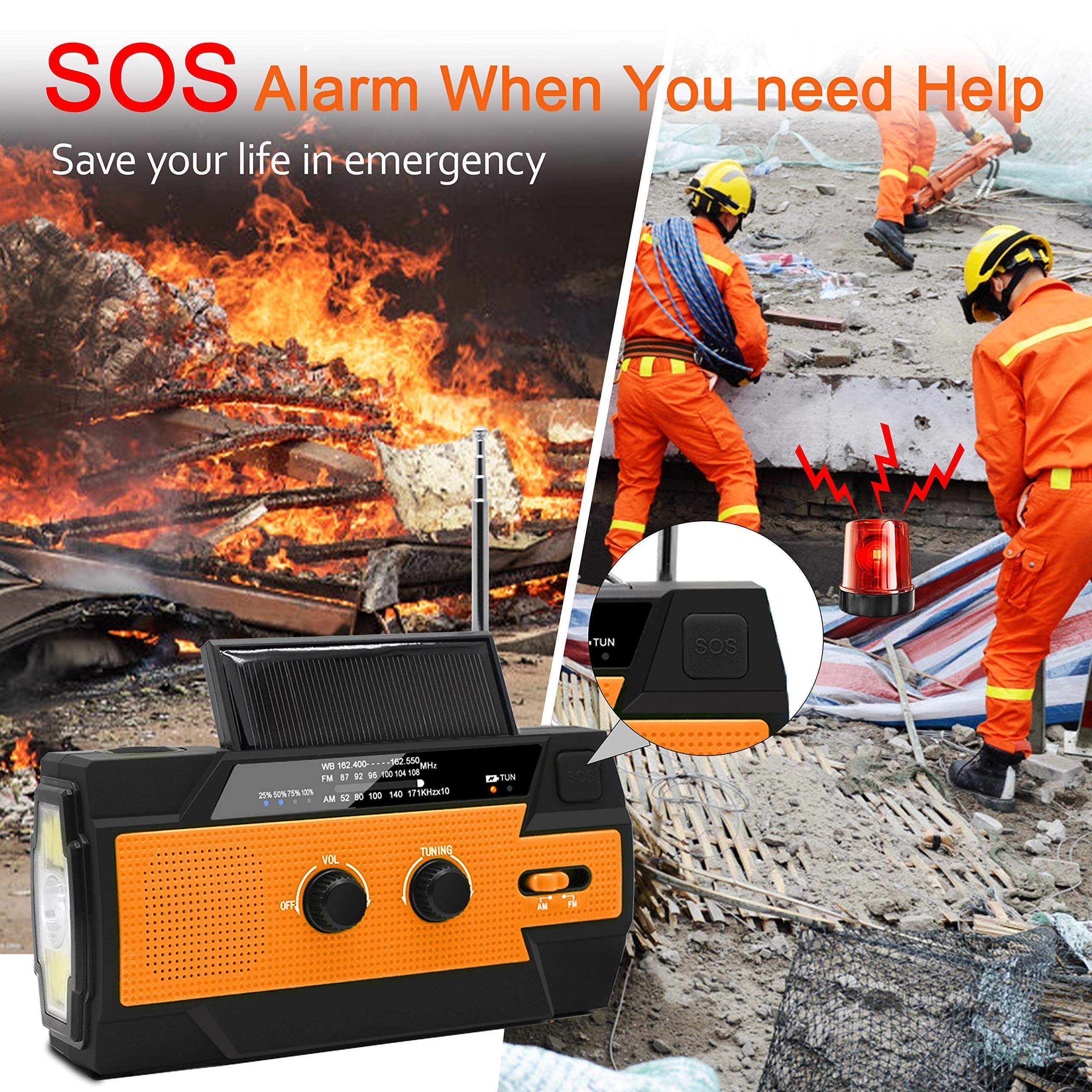 Emergency Radio 4000 mAh, Hand Crank Radio,Solar Weather Radio, Portable AM/FM/NOAA Weather Radio with Bright Flashlight&Motion Sensor Reading Lamp,SOS Alarm, Phone Charger for Hurricane,Survival