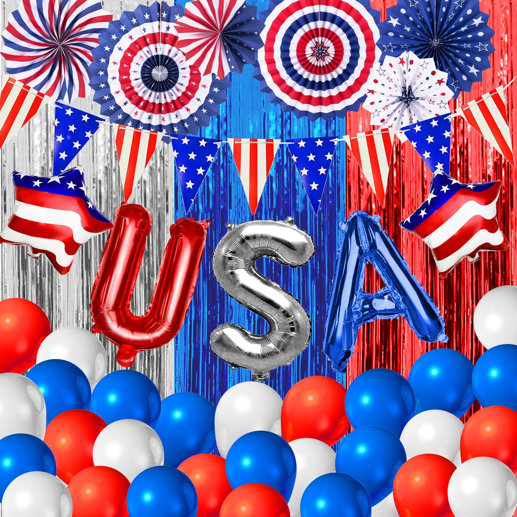 4th of July Patriotic Party Decorations 48PCS Independence Day Decorations with Red White and Blue BalloonsUSA Flag Pennant BannerStar BalloonsUSA Foil Balloons Paper Fans for National Day