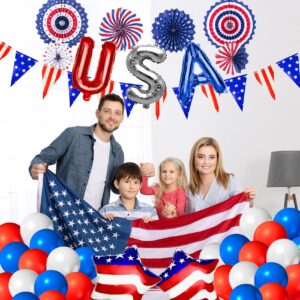 4th of July Patriotic Party Decorations 48PCS Independence Day Decorations with Red White and Blue BalloonsUSA Flag Pennant BannerStar BalloonsUSA Foil Balloons Paper Fans for National Day