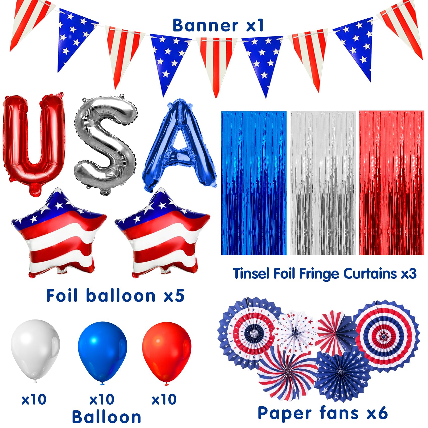 4th of July Patriotic Party Decorations 48PCS Independence Day Decorations with Red White and Blue BalloonsUSA Flag Pennant BannerStar BalloonsUSA Foil Balloons Paper Fans for National Day