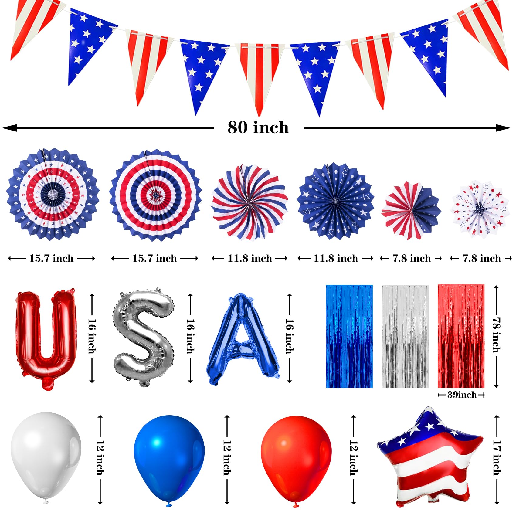 4th of July Patriotic Party Decorations 48PCS Independence Day Decorations with Red White and Blue BalloonsUSA Flag Pennant BannerStar BalloonsUSA Foil Balloons Paper Fans for National Day