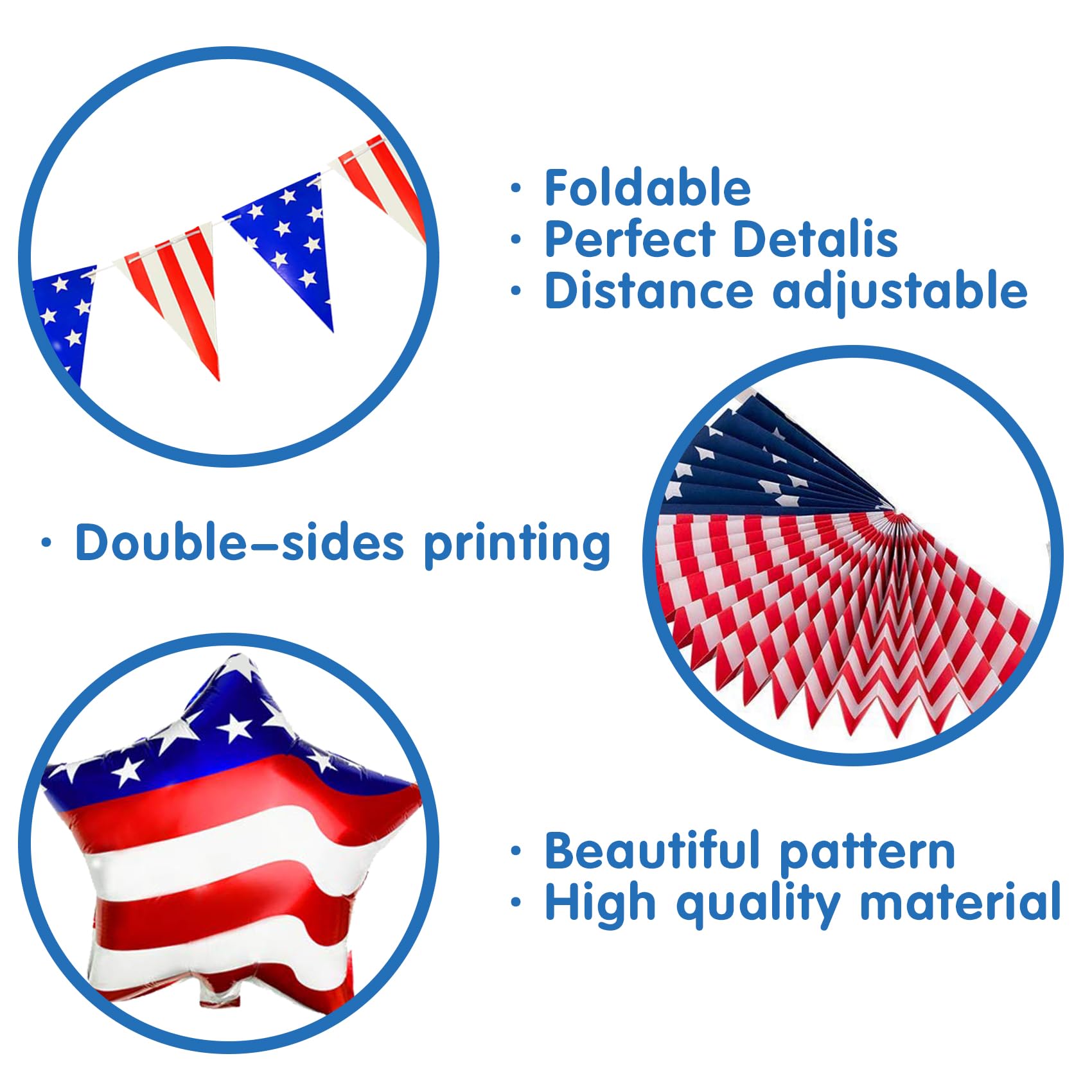 4th of July Patriotic Party Decorations 48PCS Independence Day Decorations with Red White and Blue BalloonsUSA Flag Pennant BannerStar BalloonsUSA Foil Balloons Paper Fans for National Day