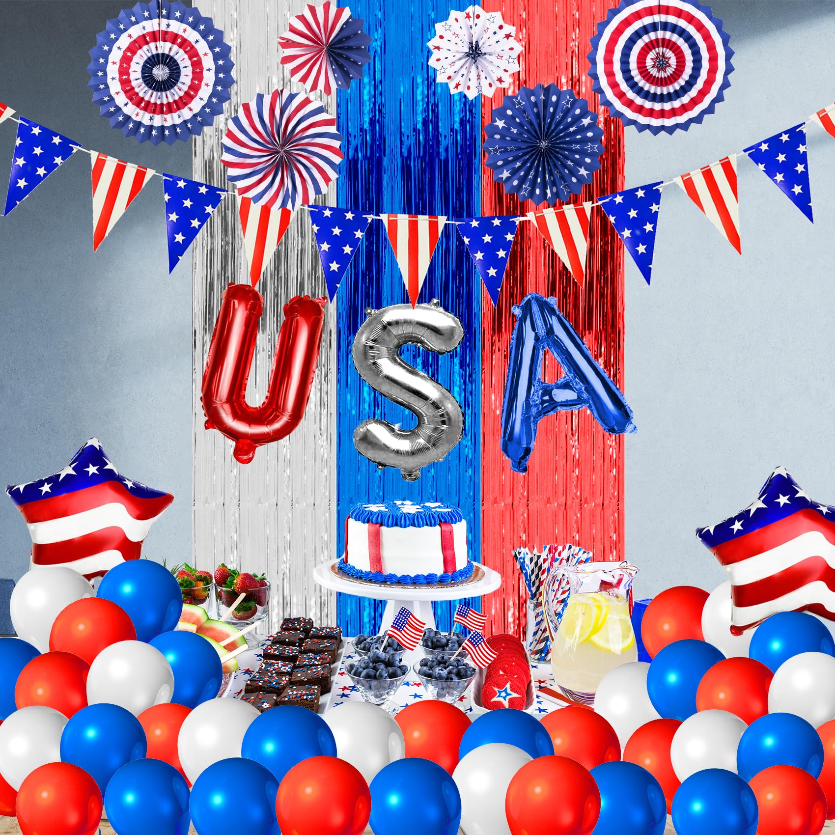 4th of July Patriotic Party Decorations 48PCS Independence Day Decorations with Red White and Blue BalloonsUSA Flag Pennant BannerStar BalloonsUSA Foil Balloons Paper Fans for National Day