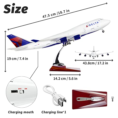 Lose Fun Park 1:130 Scale Large Airplane Model Delta Boeing 747 Plane Models Diecast Airplanes with LED Light for Collection or Gift