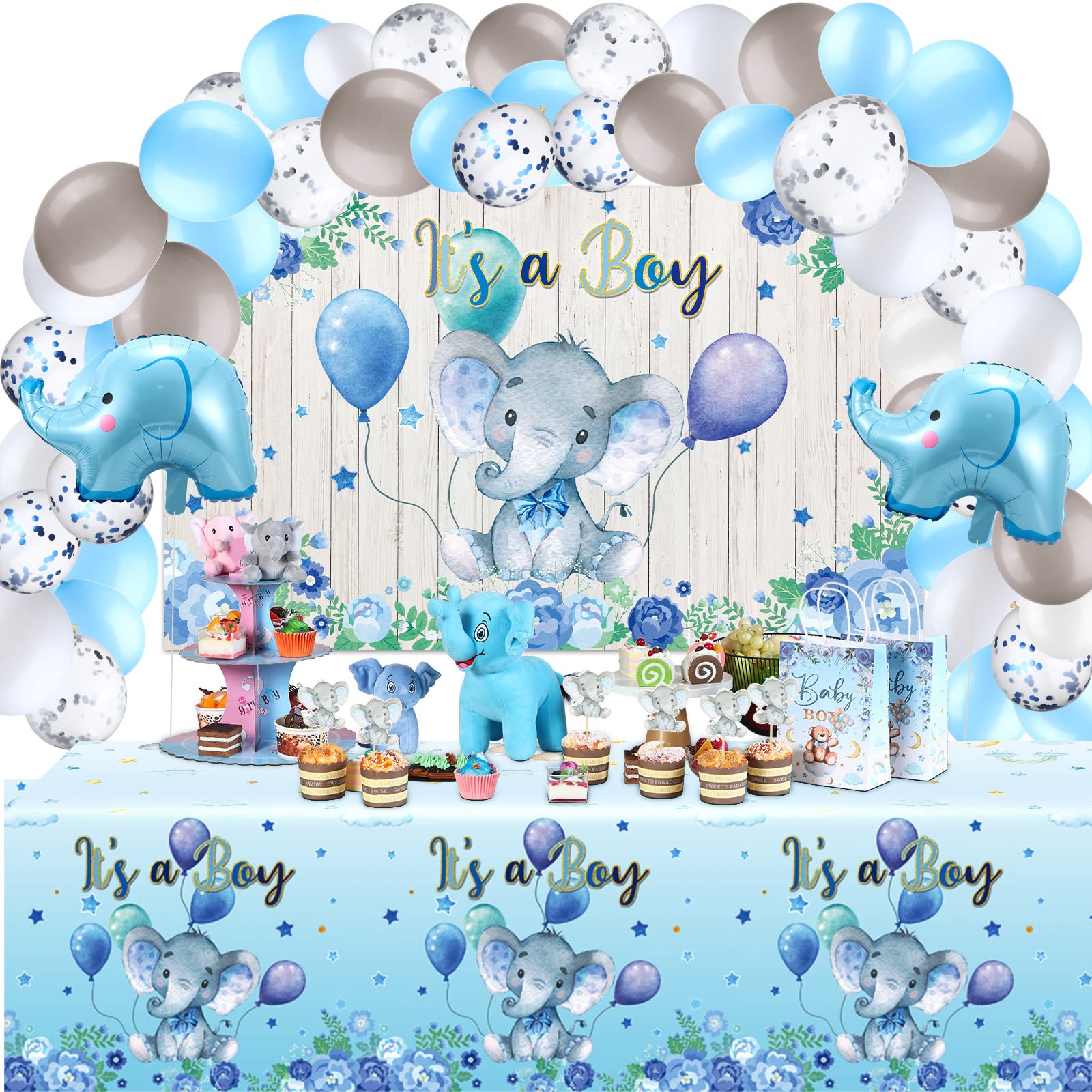 Baby Shower Party Decorations 121 Pieces Elephant Party Supplies Include Backdrop Banner Balloons Tablecloth and Cake Toppers for Baby Shower Gender Reveal Elephant Theme Birthday Party (Boy Style)