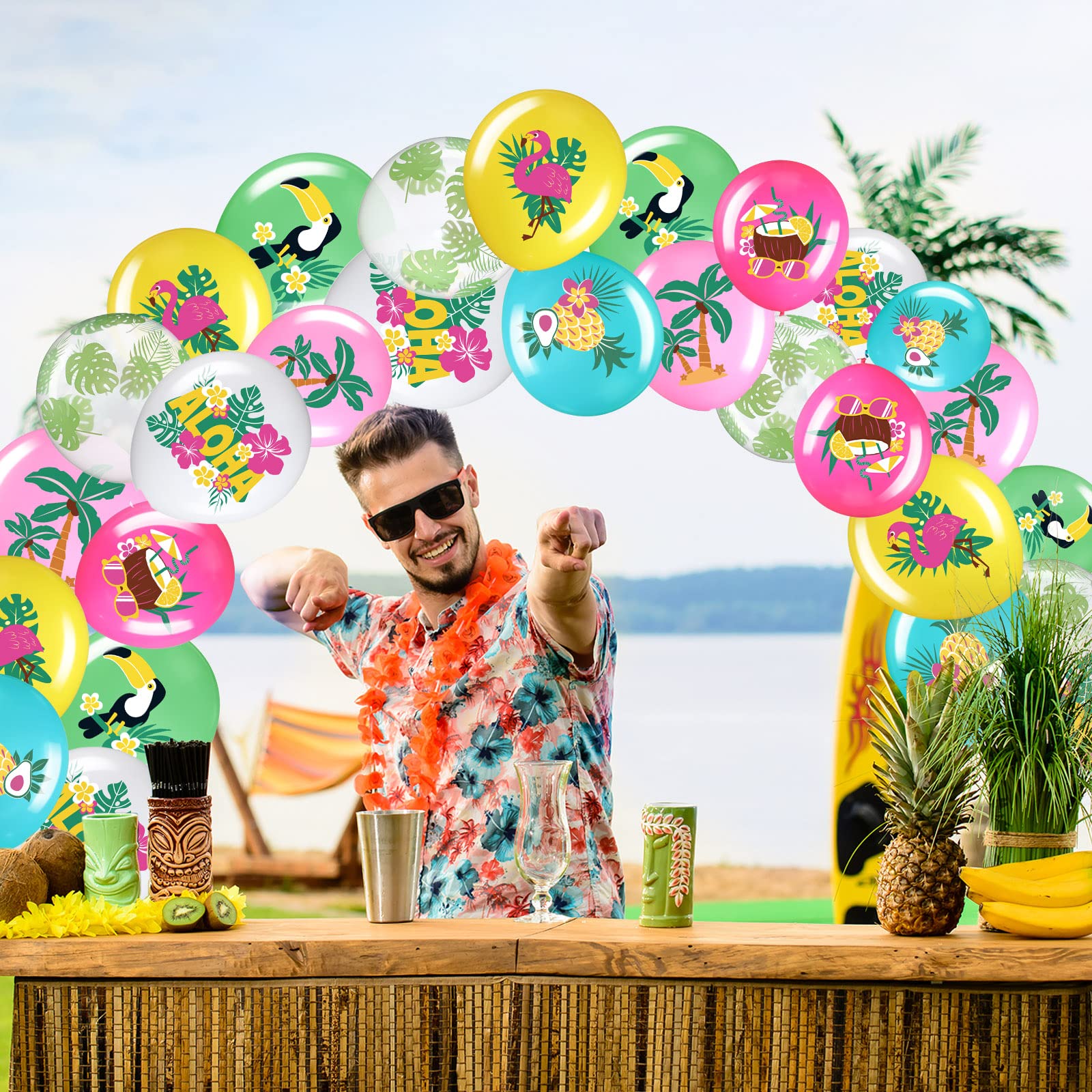 50 Pcs Hawaiian Party Balloon Decorations, Aloha Tropical Luau Party Latex Balloons for Hawaiian Luau Party Summer Beach Birthday Tiki Bar Party Wedding Supplies (Happy Summer)