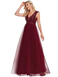 ever-pretty women's long glitter a-line tulle formal wedding party dress for women burgundy us14