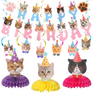 16 pcs cat theme birthday party decorations party supplies kit, includes cat party banner with 6 cat hanging cutouts 6 hanging swirl decor and 3 birthday honeycomb for kids girls (cute style)