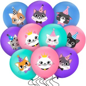 40 pcs cat birthday party latex balloons, cute cartoon kitten print balloons cat party decorations animal pet birthday party supplies for birthday party favors decor, blue pink purple and green