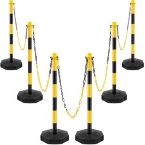 traffic delineator post cone, plastic stanchion post set crowd control stands barrier with 6.6 ft link chain and s hooks for parking lot construction caution roads, yellow, black (6 sets)