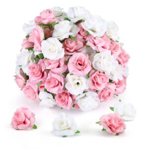 yinsun 50pcs mini rose artificial flower heads, 1.6” real looking silk rose for diy wedding bouquets bridal shower baby shower party decoration (white and pink)