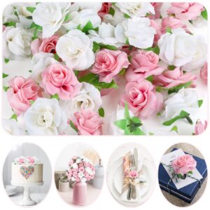 Yinsun 50pcs Mini Rose Artificial Flower Heads, 1.6” Real Looking Silk Rose for DIY Wedding Bouquets Bridal Shower Baby Shower Party Decoration (White and Pink)