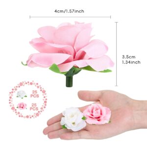 Yinsun 50pcs Mini Rose Artificial Flower Heads, 1.6” Real Looking Silk Rose for DIY Wedding Bouquets Bridal Shower Baby Shower Party Decoration (White and Pink)