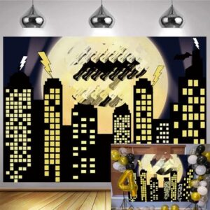 Superhero Super City Photography Backdrop Yellow Full Moon Skyline Cityscape Photo Background Newborn Baby Shower Kids Birthday Party Cake Table Decoration Banner Props (7x5FT)