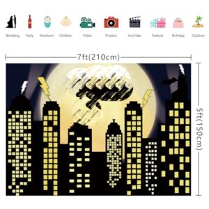 Superhero Super City Photography Backdrop Yellow Full Moon Skyline Cityscape Photo Background Newborn Baby Shower Kids Birthday Party Cake Table Decoration Banner Props (7x5FT)