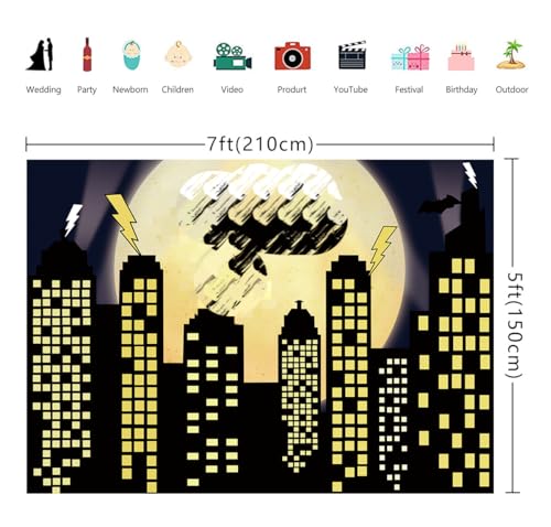 Superhero Super City Photography Backdrop Yellow Full Moon Skyline Cityscape Photo Background Newborn Baby Shower Kids Birthday Party Cake Table Decoration Banner Props (7x5FT)