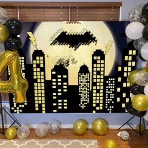 Superhero Super City Photography Backdrop Yellow Full Moon Skyline Cityscape Photo Background Newborn Baby Shower Kids Birthday Party Cake Table Decoration Banner Props (7x5FT)