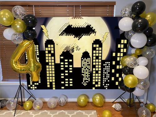 Superhero Super City Photography Backdrop Yellow Full Moon Skyline Cityscape Photo Background Newborn Baby Shower Kids Birthday Party Cake Table Decoration Banner Props (7x5FT)