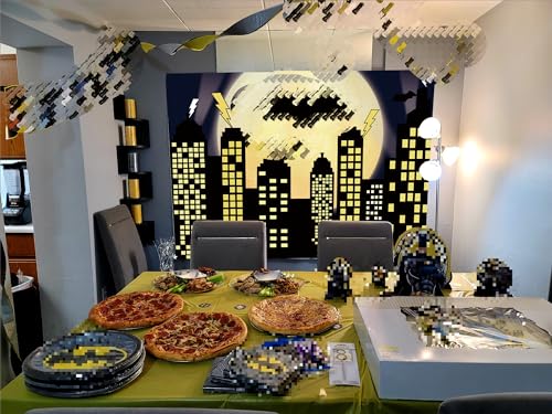 Superhero Super City Photography Backdrop Yellow Full Moon Skyline Cityscape Photo Background Newborn Baby Shower Kids Birthday Party Cake Table Decoration Banner Props (7x5FT)