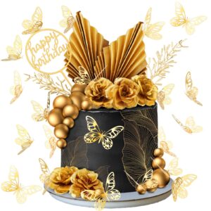 52 pcs flower toppers for cake gold balls decorations boho topper butterfly birthday wedding baby shower party decoration(gold)