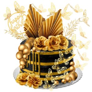 52 Pcs Flower Toppers for Cake Gold Balls Decorations Boho Topper Butterfly Birthday Wedding Baby Shower Party Decoration(Gold)