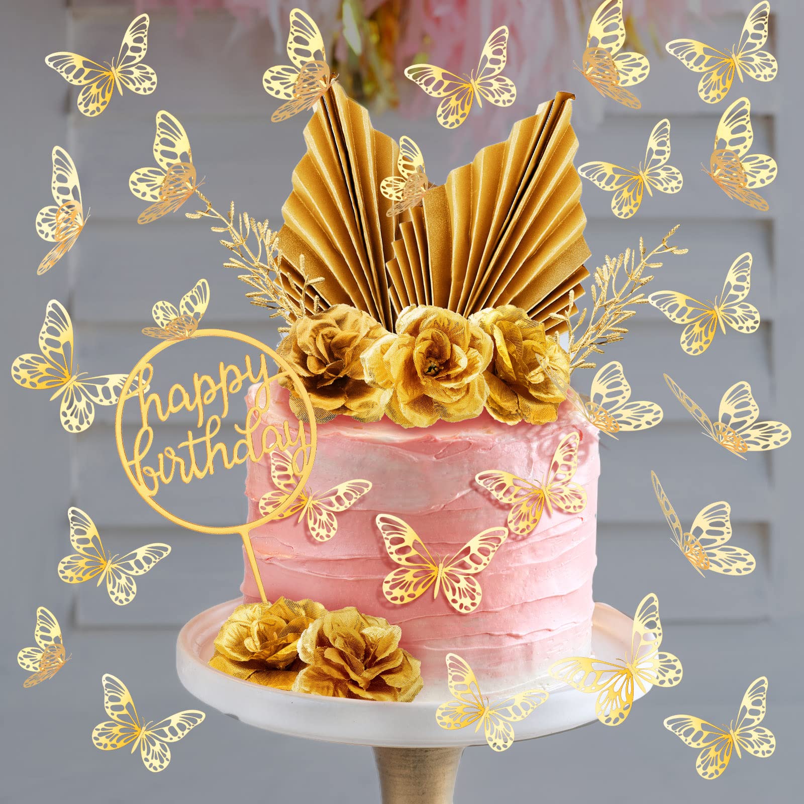 52 Pcs Flower Toppers for Cake Gold Balls Decorations Boho Topper Butterfly Birthday Wedding Baby Shower Party Decoration(Gold)